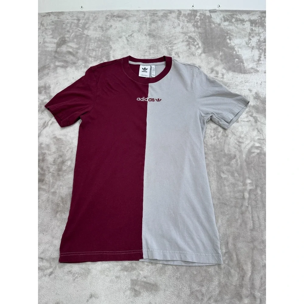 Adidas T-Shirt Mens Size Small Burgundy Gray Colorblock Short Sleeve Embroidered